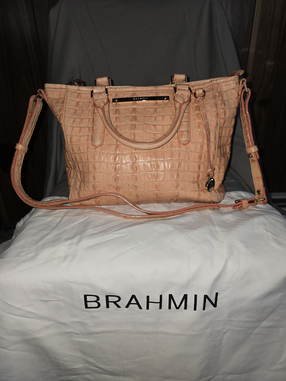 Brahmin Peach Croc-Embossed Leather Satchel